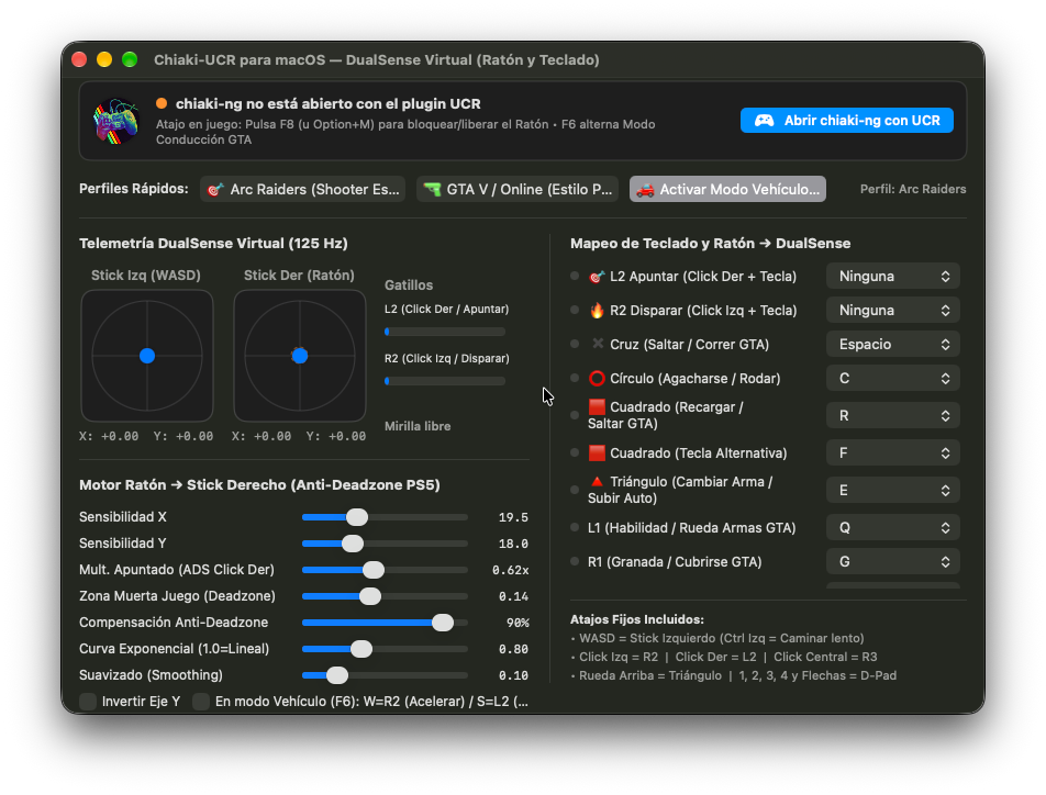 Captura de Chiaki-UCR para macOS: telemetría del DualSense virtual, perfiles rápidos y ajustes del motor de ratón
