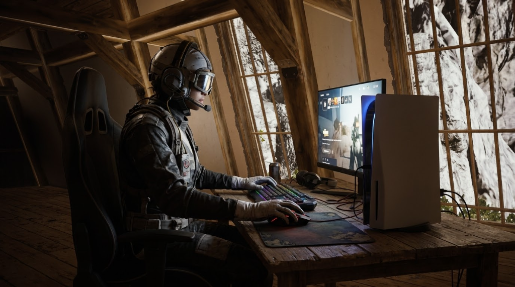 Jugadora con casco y gafas jugando con teclado y ratón junto a una PS5 en una cabaña de madera